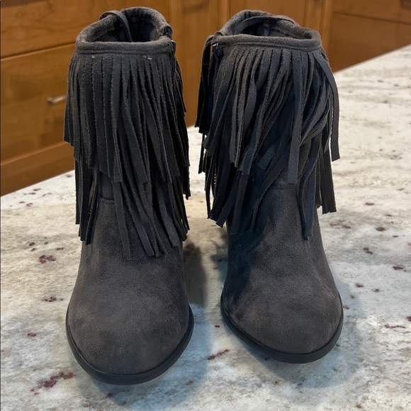 Fringe Suede Ankle Booties - Charcoal Gray - Picture 1 of 5
